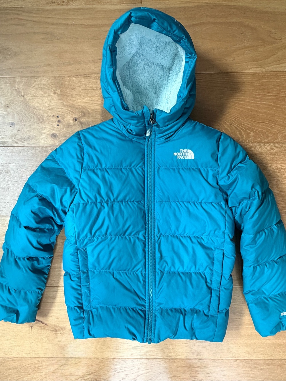 The North Face Youth 550 Down Fleece Lined Teal Blue Puffer Jacket Coat M 10/12